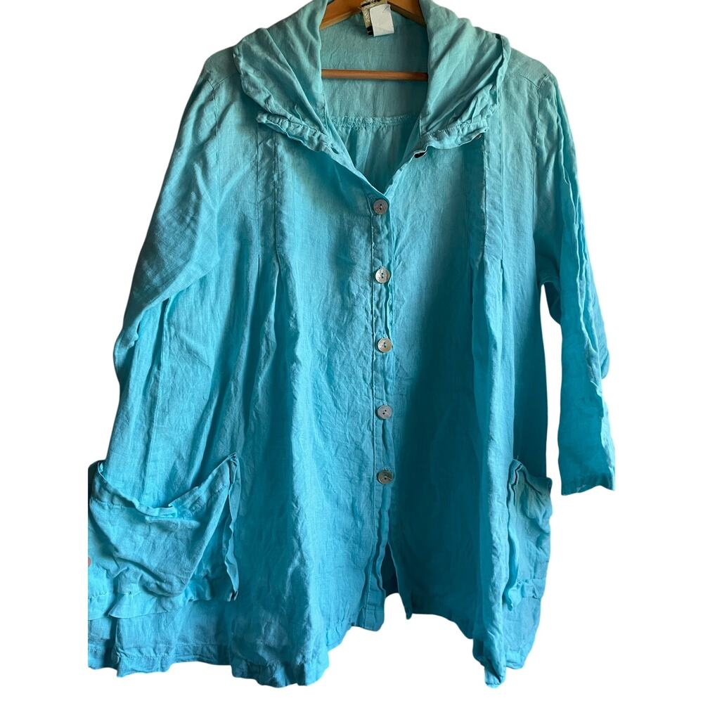 Vintage 100% Linen Y2K Aqua Blue Lagenlook Oversized Top Jacket L/XL